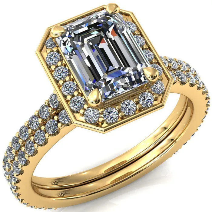 Rings Valma Emerald Moissanite Floating Diamond Halo and Sides Ring Fire Brilliance 