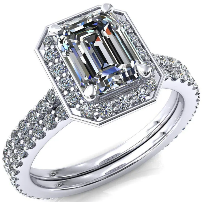 Rings Valma Emerald Moissanite Floating Diamond Halo and Sides Ring Fire Brilliance 