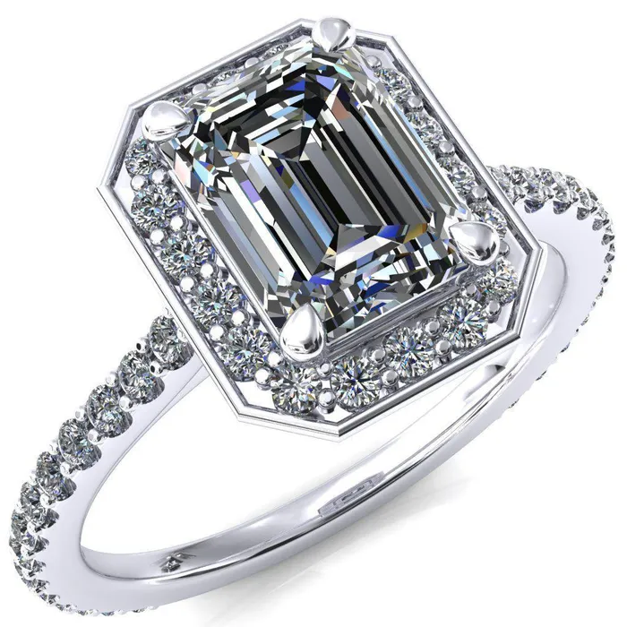 Rings Valma Emerald Moissanite Floating Diamond Halo and Sides Ring Fire Brilliance 