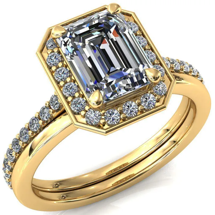 Rings Valma Emerald Moissanite Floating Diamond Halo and Sides Ring Fire Brilliance 
