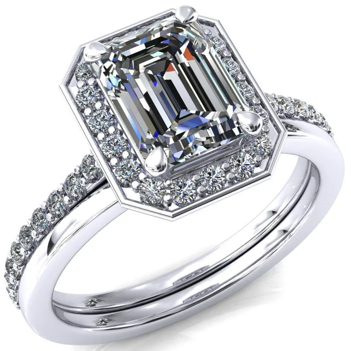 Rings Valma Emerald Moissanite Floating Diamond Halo and Sides Ring Fire Brilliance 