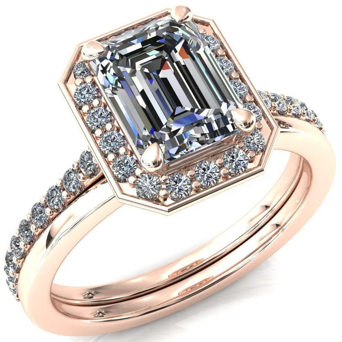 Rings Valma Emerald Moissanite Floating Diamond Halo and Sides Ring Fire Brilliance 