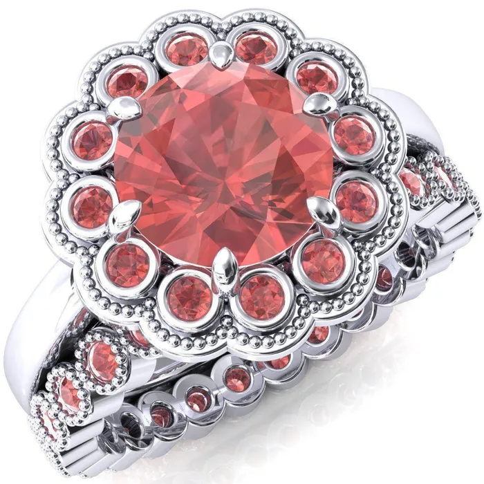 Rings Zinnia Round Padparadscha Sapphire 6 Prongs Milgrain Halo Accent Padparadscha Sapphire Ring Fire Brilliance Rings Zinnia Round Padparadscha Sapphire 6 Prongs Milgrain Halo Accent Padparadscha Sapphire Ring Fire Brilliance