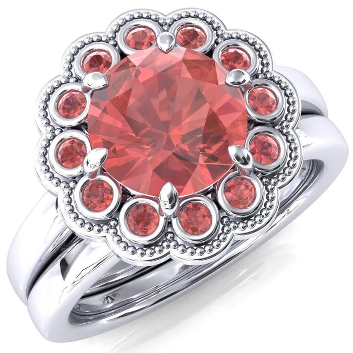 Rings Zinnia Round Padparadscha Sapphire 6 Prongs Milgrain Halo Accent Padparadscha Sapphire Ring Fire Brilliance 