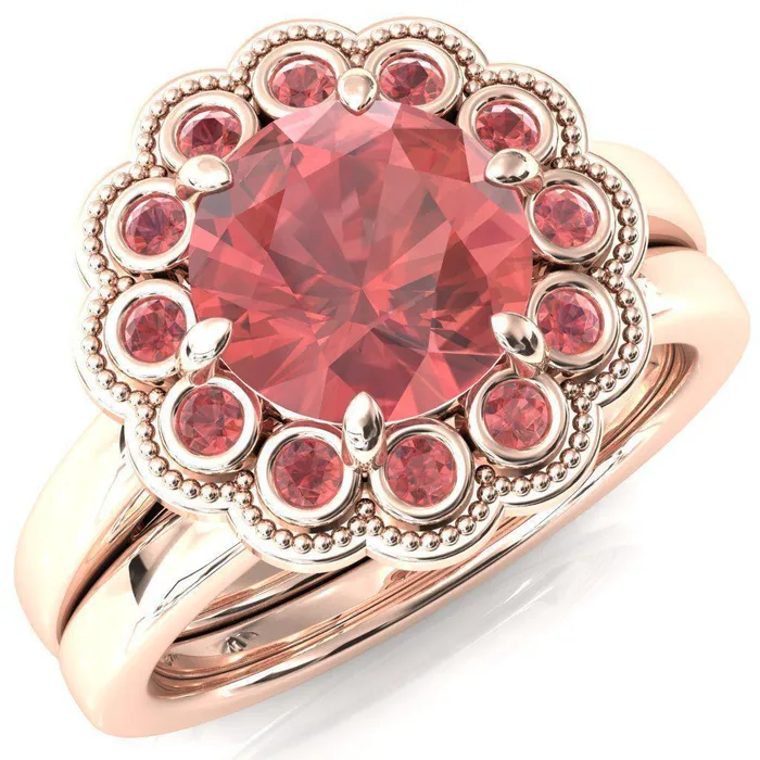 Rings Zinnia Round Padparadscha Sapphire 6 Prongs Milgrain Halo Accent Padparadscha Sapphire Ring Fire Brilliance 