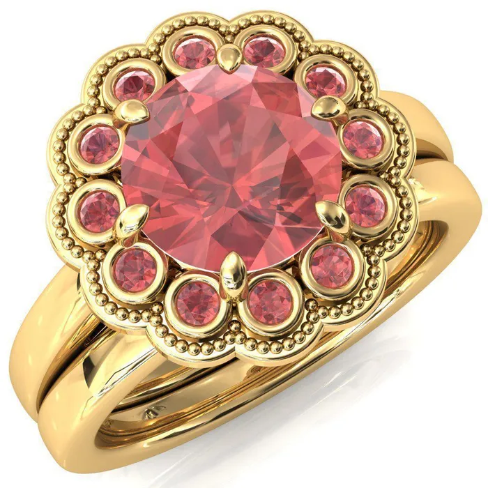 Rings Zinnia Round Padparadscha Sapphire 6 Prongs Milgrain Halo Accent Padparadscha Sapphire Ring Fire Brilliance 
