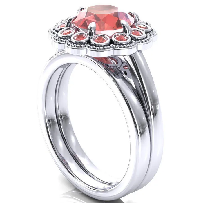 Rings Zinnia Round Padparadscha Sapphire 6 Prongs Milgrain Halo Accent Padparadscha Sapphire Ring Fire Brilliance 