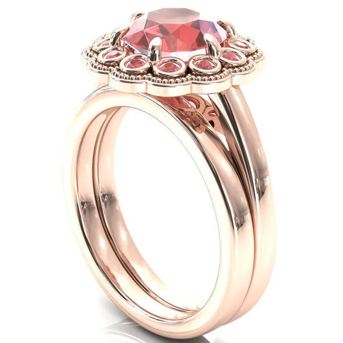 Rings Zinnia Round Padparadscha Sapphire 6 Prongs Milgrain Halo Accent Padparadscha Sapphire Ring Fire Brilliance 
