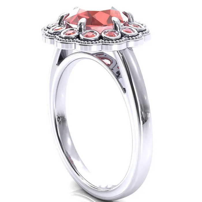 Rings Zinnia Round Padparadscha Sapphire 6 Prongs Milgrain Halo Accent Padparadscha Sapphire Ring Fire Brilliance 