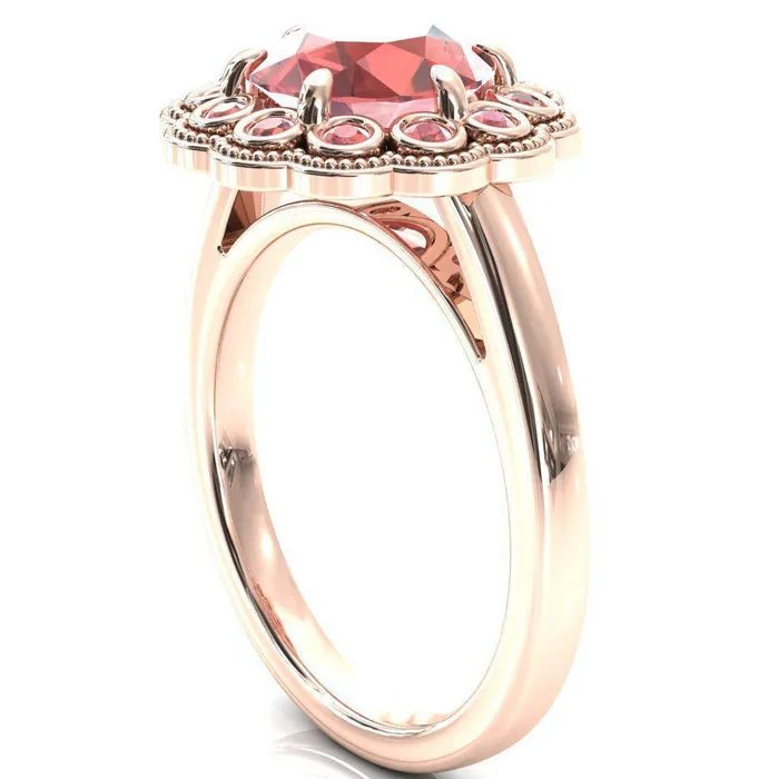 Rings Zinnia Round Padparadscha Sapphire 6 Prongs Milgrain Halo Accent Padparadscha Sapphire Ring Fire Brilliance 