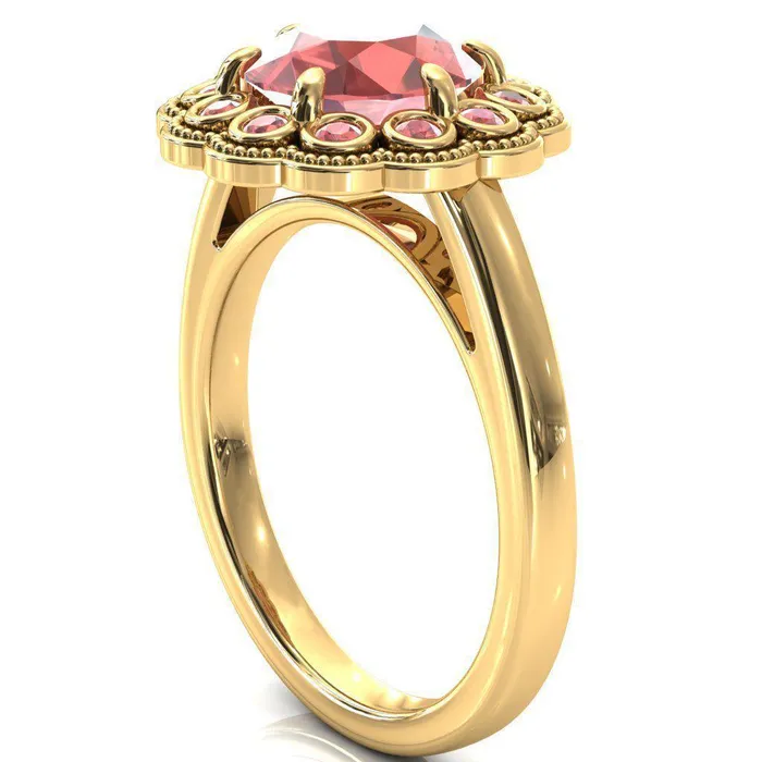 Rings Zinnia Round Padparadscha Sapphire 6 Prongs Milgrain Halo Accent Padparadscha Sapphire Ring Fire Brilliance 