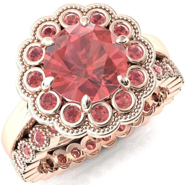 Rings Zinnia Round Padparadscha Sapphire 6 Prongs Milgrain Halo Accent Padparadscha Sapphire Ring Fire Brilliance 