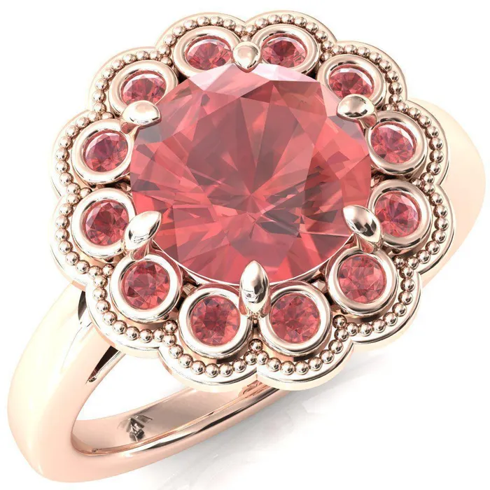 Rings Zinnia Round Padparadscha Sapphire 6 Prongs Milgrain Halo Accent Padparadscha Sapphire Ring Fire Brilliance 
