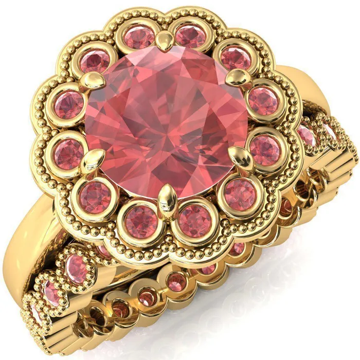 Rings Zinnia Round Padparadscha Sapphire 6 Prongs Milgrain Halo Accent Padparadscha Sapphire Ring Fire Brilliance 