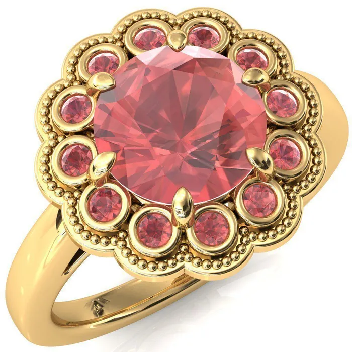 Rings Zinnia Round Padparadscha Sapphire 6 Prongs Milgrain Halo Accent Padparadscha Sapphire Ring Fire Brilliance 