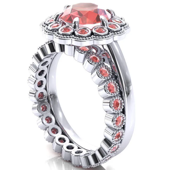 Rings Zinnia Round Padparadscha Sapphire 6 Prongs Milgrain Halo Accent Padparadscha Sapphire Ring Fire Brilliance 