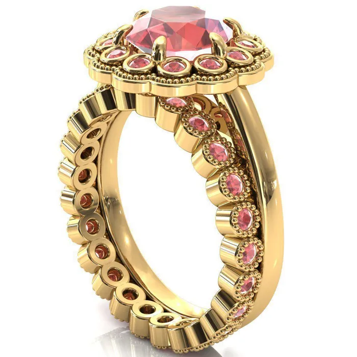 Rings Zinnia Round Padparadscha Sapphire 6 Prongs Milgrain Halo Accent Padparadscha Sapphire Ring Fire Brilliance 