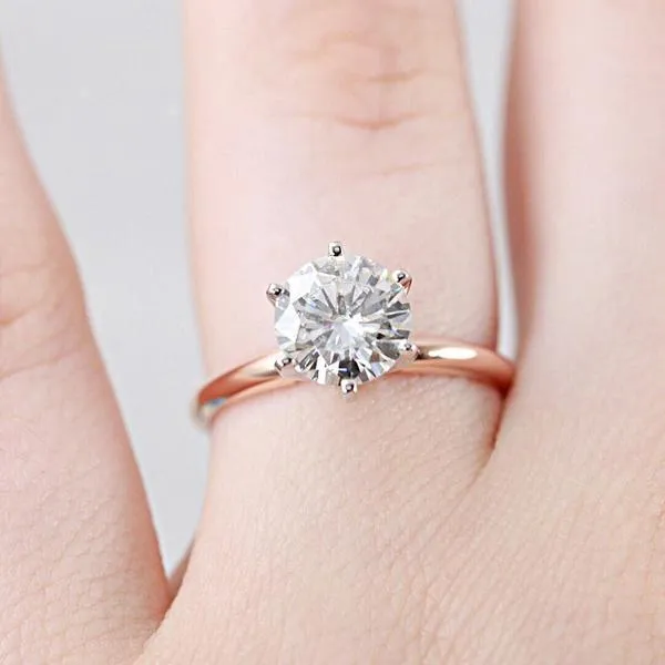 Round Center Stone 14K or 18K TwoTone Rose Gold Band and White Gold 6 Prongs Solitaire Ring Fire Brilliance Rings
