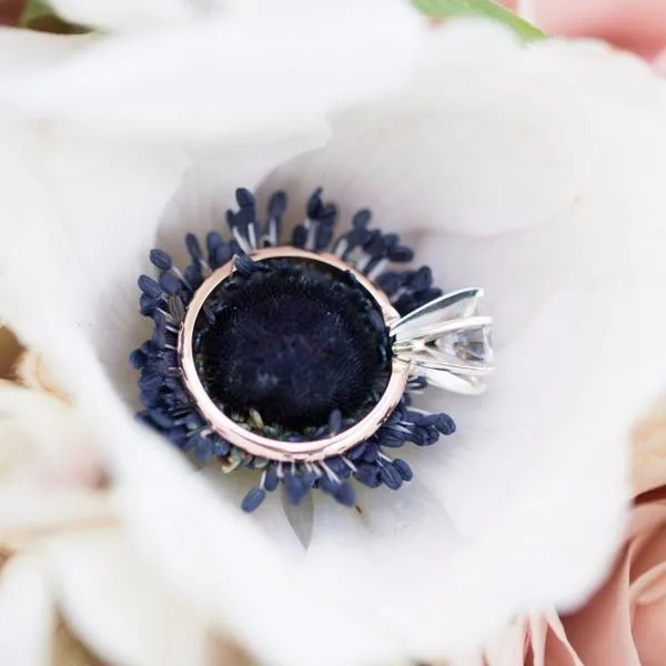 Round Center Stone 14K or 18K TwoTone Rose Gold Band and White Gold 6 Prongs Solitaire Ring Fire Brilliance Rings