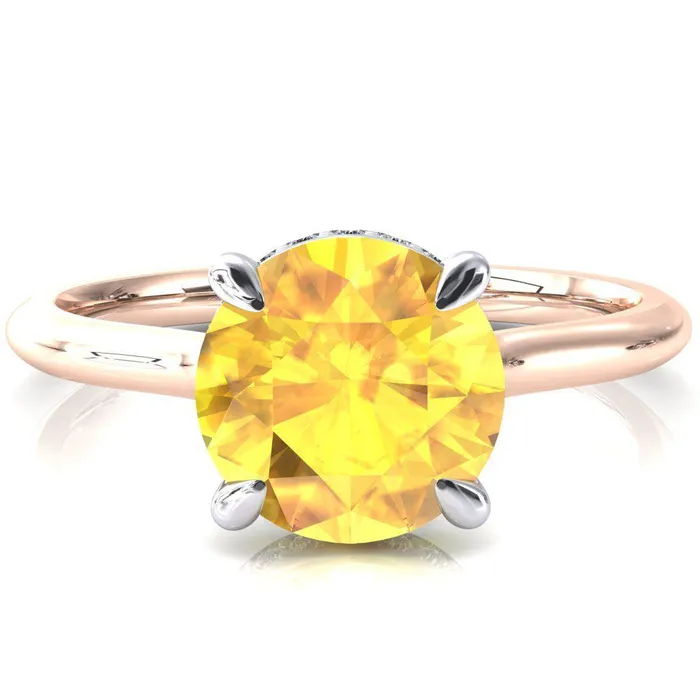 Secret Round Yellow Sapphire 4 Prong Floating Halo Engagement Ring Fire Brilliance Rings