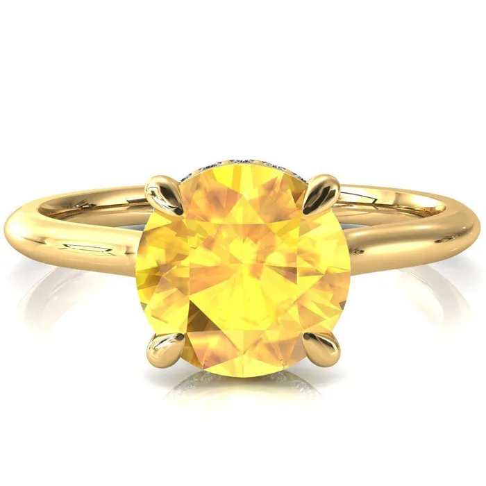 Secret Round Yellow Sapphire 4 Prong Floating Halo Engagement Ring Fire Brilliance Rings