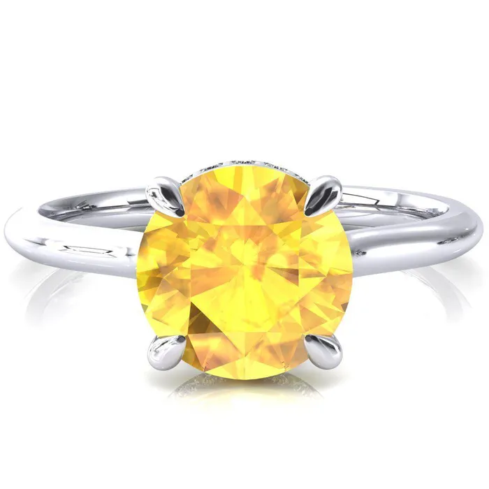Secret Round Yellow Sapphire 4 Prong Floating Halo Engagement Ring Fire Brilliance Rings