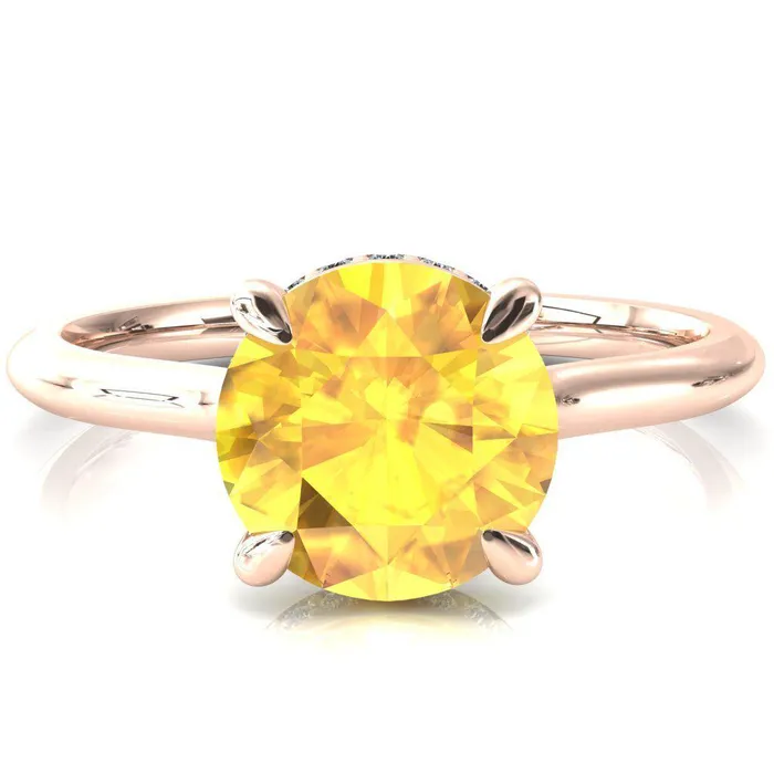 Secret Round Yellow Sapphire 4 Prong Floating Halo Engagement Ring Fire Brilliance Rings