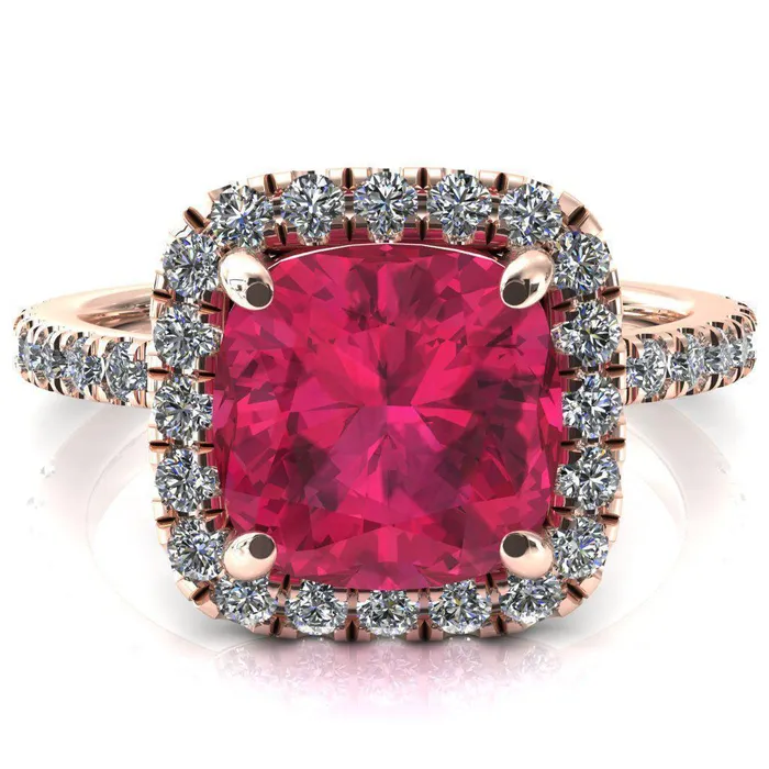 Talia Cushion Ruby 4 Prong Halo 58 Micropave Engagement Ring Fire Brilliance Rings