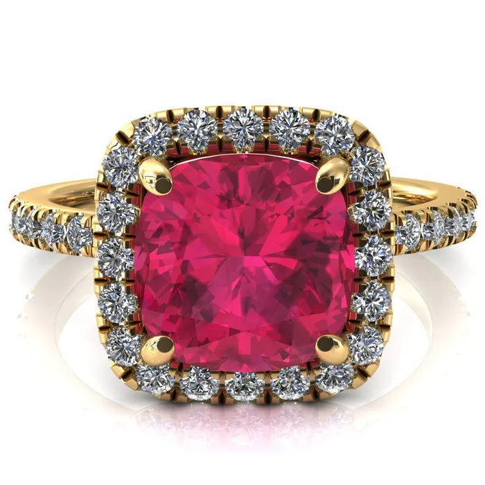 Talia Cushion Ruby 4 Prong Halo 58 Micropave Engagement Ring Fire Brilliance Rings
