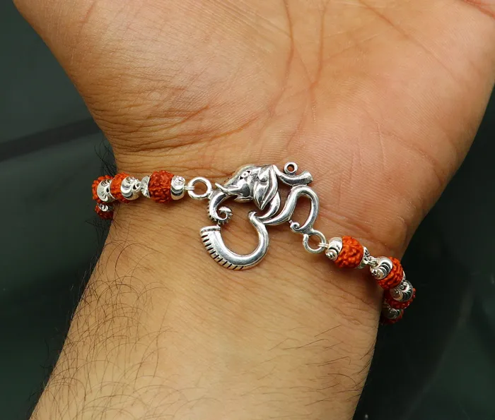 TRIBAL ORNAMENTS 80 925 Sterling silver customized rudraksha beaded AUM OM Rakhi or bracelet best gift for your brothers for special Rakshabandhan rk04 Bracelets