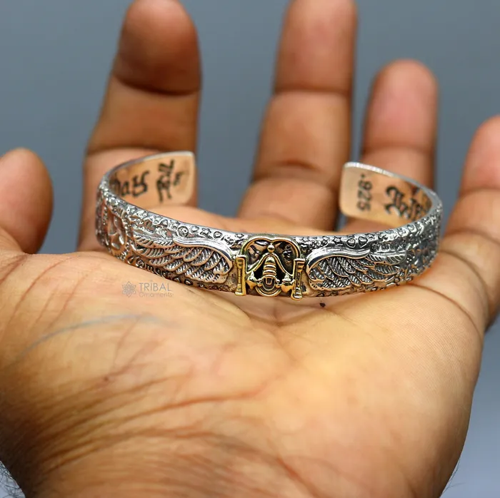 TRIBAL ORNAMENTS 925 sterling silver handmade Feather design lord Venkateshwara Tirupati Balaji adjustable bangle bracelet kada unisex jewelry cuff220 Bracelets