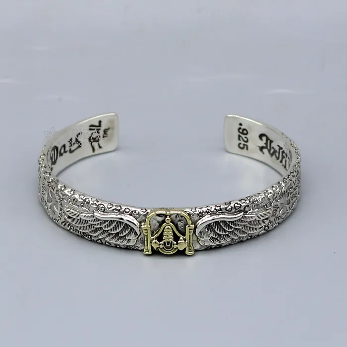 TRIBAL ORNAMENTS 925 sterling silver handmade Feather design lord Venkateshwara Tirupati Balaji adjustable bangle bracelet kada unisex jewelry cuff220 Bracelets