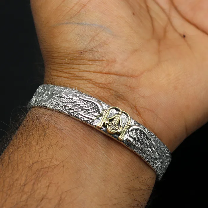 TRIBAL ORNAMENTS 925 sterling silver handmade Feather design lord Venkateshwara Tirupati Balaji adjustable bangle bracelet kada unisex jewelry cuff220 Bracelets