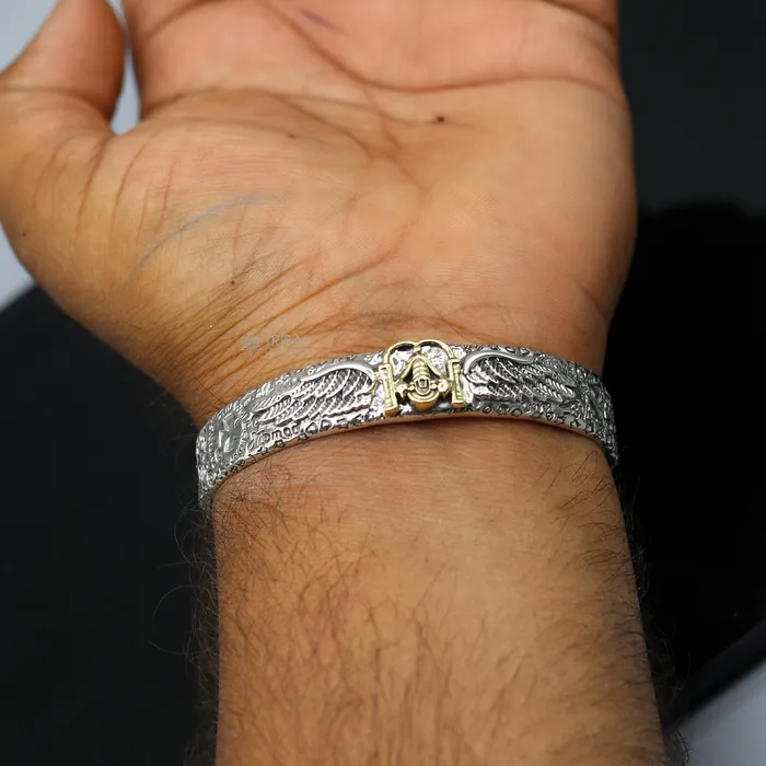 TRIBAL ORNAMENTS 925 sterling silver handmade Feather design lord Venkateshwara Tirupati Balaji adjustable bangle bracelet kada unisex jewelry cuff220 Bracelets
