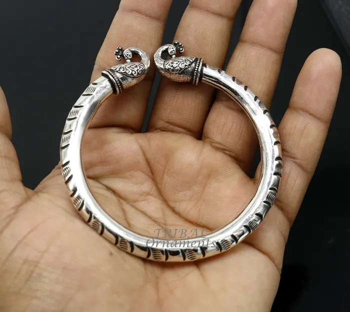 TRIBAL ORNAMENTS 925 sterling silver handmade gorgeous vintage peacock design bangle bracelet kada unisex customized personalized hiphop jewelry nsk618 Bracelets