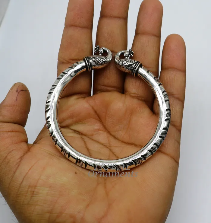 TRIBAL ORNAMENTS 925 sterling silver handmade gorgeous vintage peacock design bangle bracelet kada unisex customized personalized hiphop jewelry nsk618 Bracelets