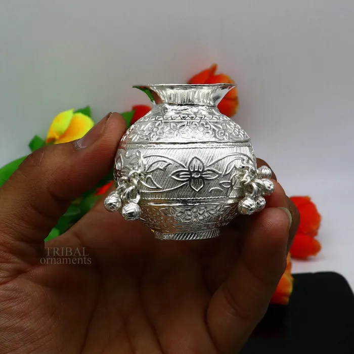 TRIBAL ORNAMENTS 925 sterling silver handmade plain small Kalash or pot unique special silver puja article water or milk kalash pot india su703 Rings