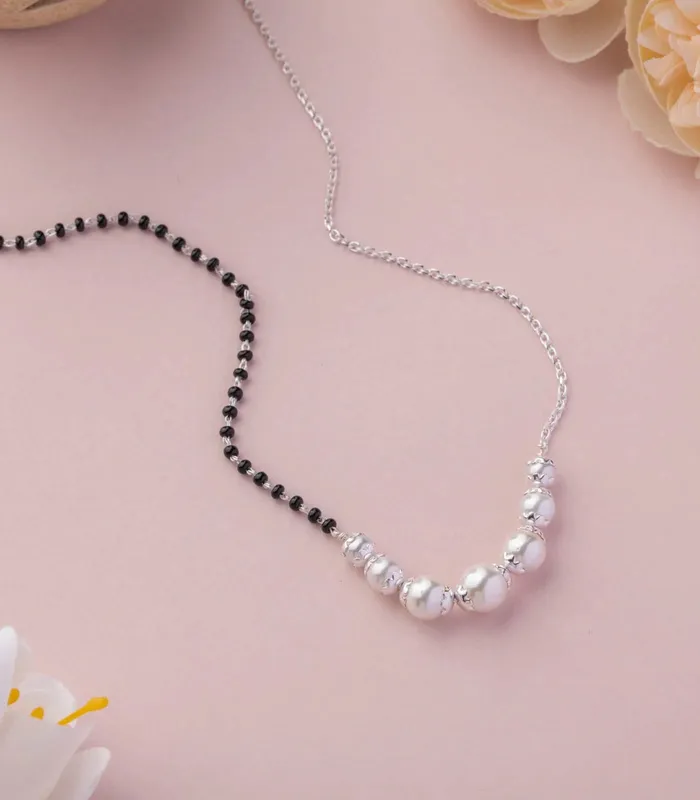 TRIBAL ORNAMENTS 925 sterling silver pearl beaded and black beaded chain necklace and vintage antique ball style pendant Mangalsutra ms135 Necklaces TRIBAL ORNAMENTS 925 sterling silver pearl beaded and black beaded chain necklace and vintage antique ball style pendant Mangalsutra ms135 Necklaces