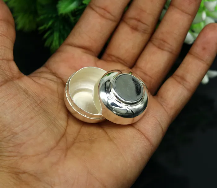 TRIBAL ORNAMENTS 999 fine silver handmade gorgeous small idols Prasad box trinket box container box brides Sindur box solid silver article utensil sv185 Necklaces