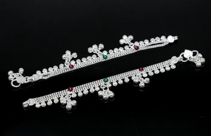 TRIBAL ORNAMENTS Bracelets 6 inches handmade solid sterling silver baby kids ankle bracelet unisex baby anklet foot bracelet customized charm noisy bracelet ank415