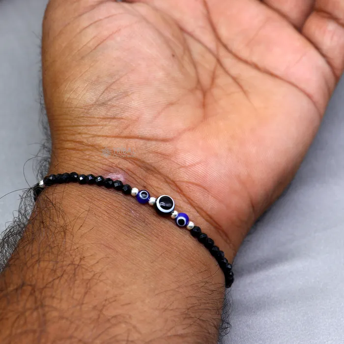 TRIBAL ORNAMENTS Bracelets 925 sterling silver and evil eye black beaded chain bracelet Combo use mother bracelet or baby anklets sbr746