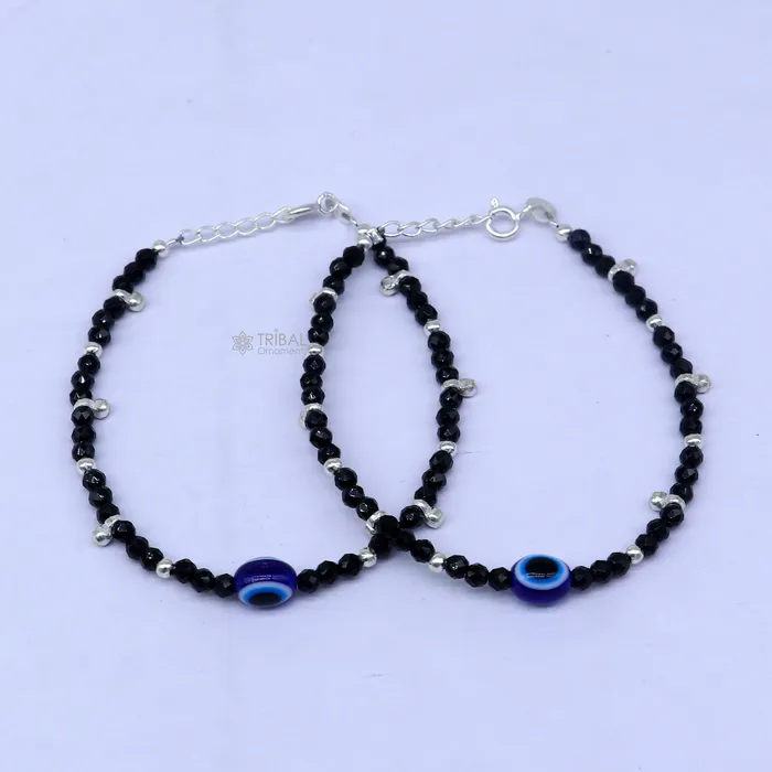 TRIBAL ORNAMENTS Bracelets 925 sterling silver and evil eye black beaded chain bracelet Combo use mother bracelet or baby anklets sbr749