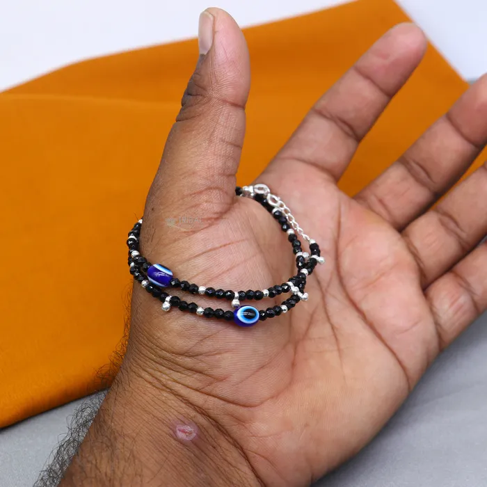 TRIBAL ORNAMENTS Bracelets 925 sterling silver and evil eye black beaded chain bracelet Combo use mother bracelet or baby anklets sbr749