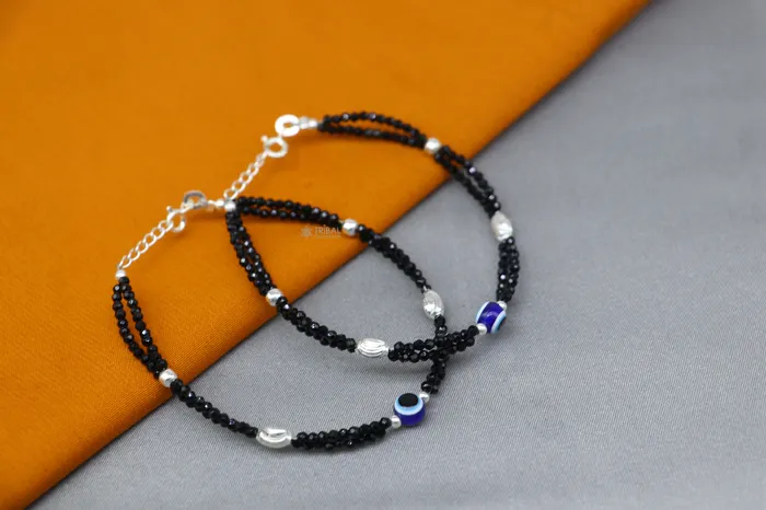 TRIBAL ORNAMENTS Bracelets 925 sterling silver and evil eye blue beaded chain bracelet Combo use mother bracelet or baby anklets sbr752