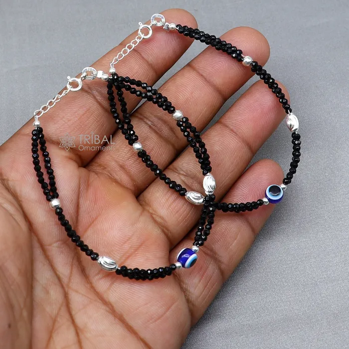 TRIBAL ORNAMENTS Bracelets 925 sterling silver and evil eye blue beaded chain bracelet Combo use mother bracelet or baby anklets sbr752