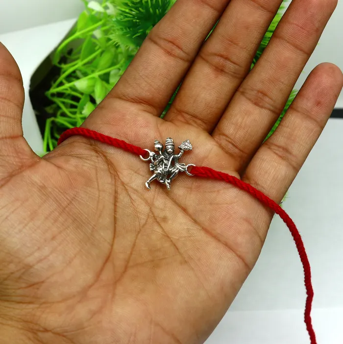 TRIBAL ORNAMENTS Bracelets 925 sterling silver idol god Flying Hanuman design Rakhi bracelet with red thread Best sibling rakhi rk170