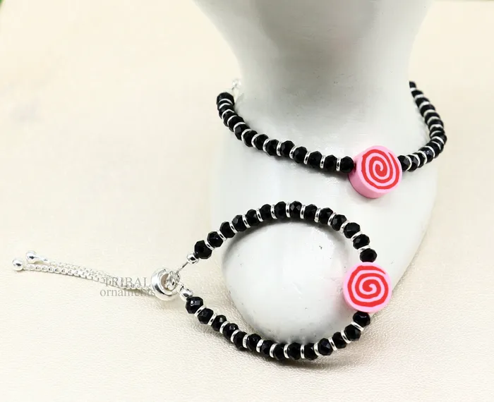TRIBAL ORNAMENTS Bracelets Stylish baby black beaded bangle bracelet or ankle bracelet 925 sterling silver handmade customized kids jewelry form india bbr41 TRIBAL ORNAMENTS Bracelets Stylish baby black beaded bangle bracelet or ankle bracelet 925 sterling silver handmade customized kids jewelry form india bbr41
