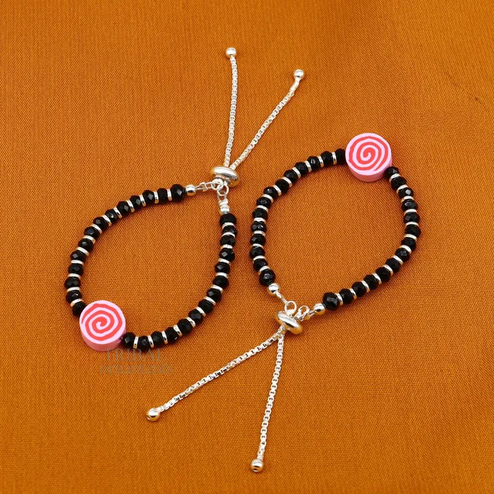TRIBAL ORNAMENTS Bracelets Stylish baby black beaded bangle bracelet or ankle bracelet 925 sterling silver handmade customized kids jewelry form india bbr41