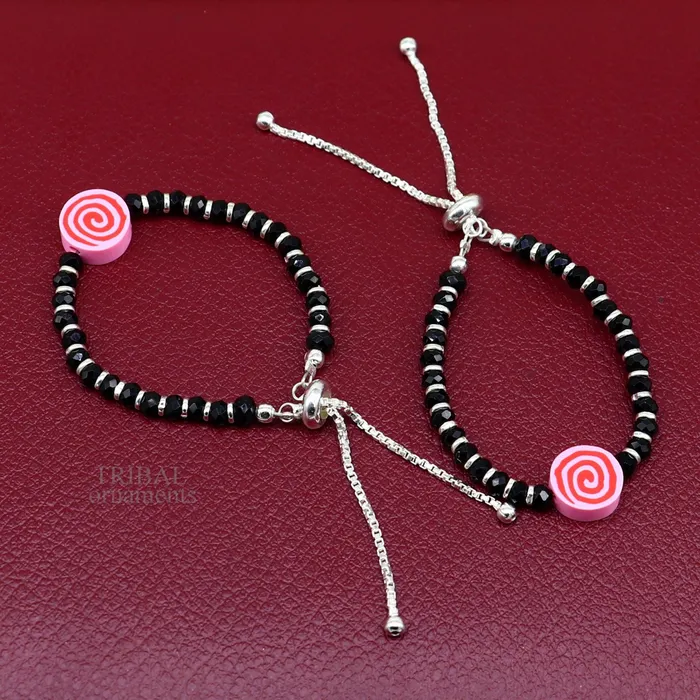 TRIBAL ORNAMENTS Bracelets Stylish baby black beaded bangle bracelet or ankle bracelet 925 sterling silver handmade customized kids jewelry form india bbr41