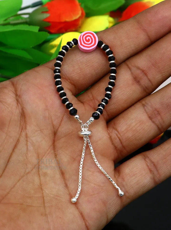 TRIBAL ORNAMENTS Bracelets Stylish baby black beaded bangle bracelet or ankle bracelet 925 sterling silver handmade customized kids jewelry form india bbr41